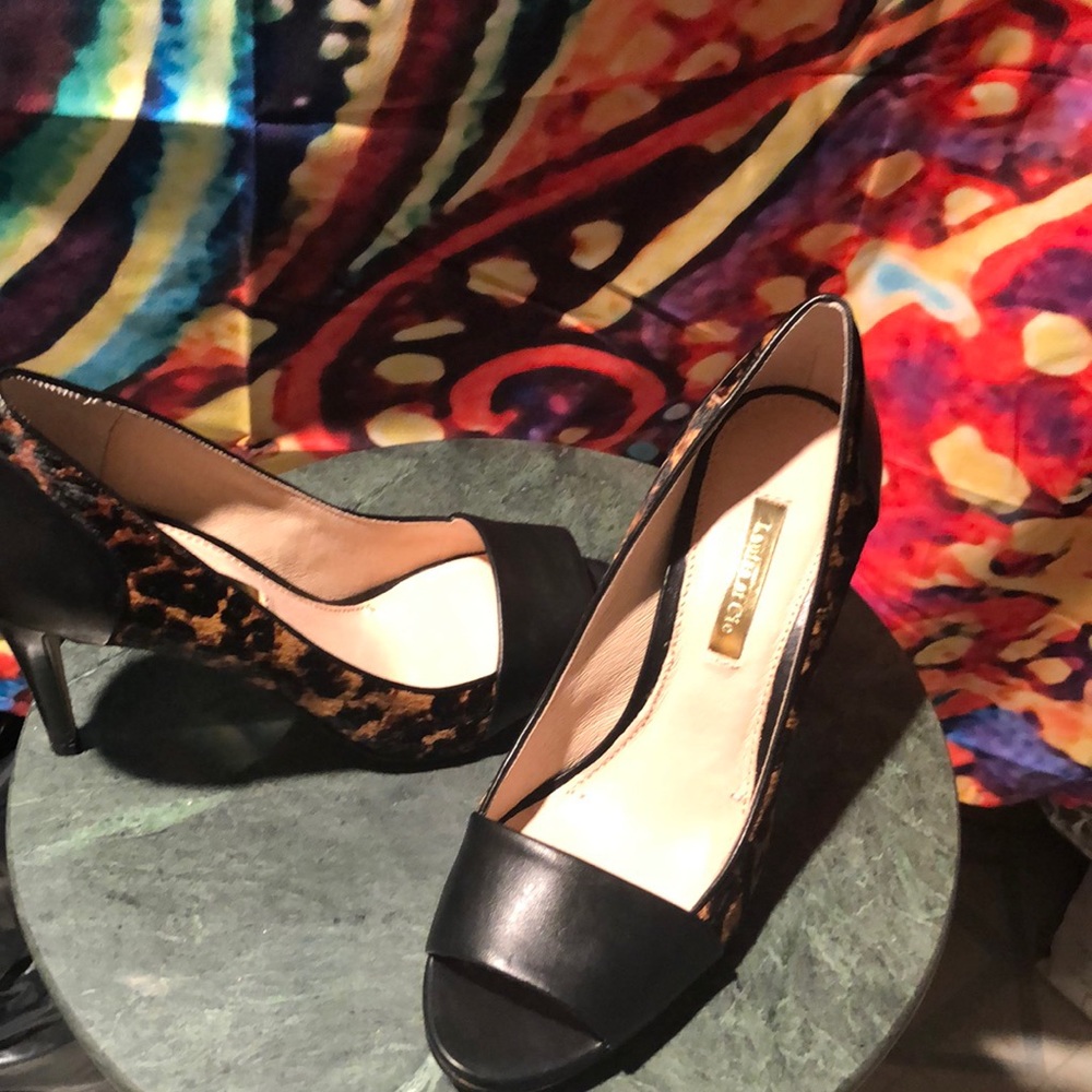 Louise et Cie Black and Leopard Print Peep-Toe Heels